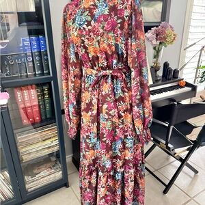 Aura x Anthropologie Burgundy floral maxi dress with tie waist Sz S